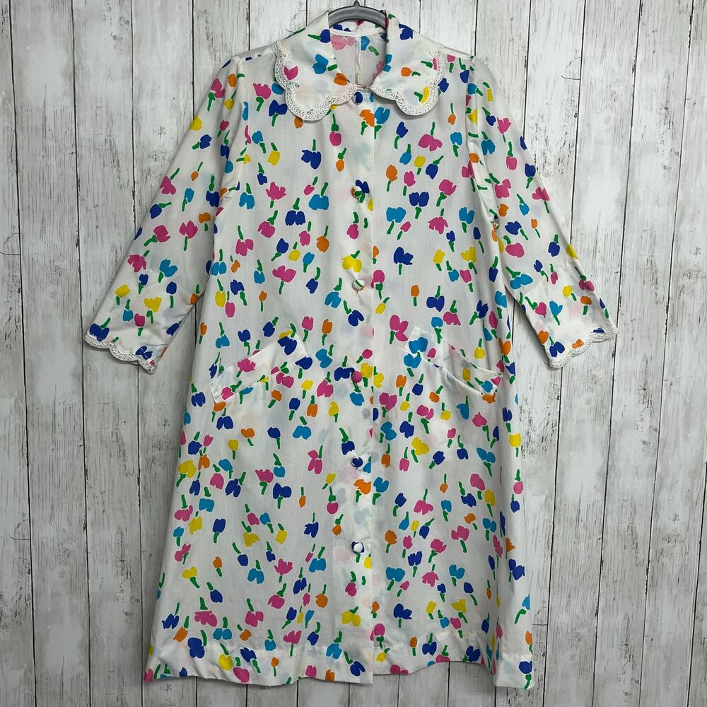 Vintage Flo Weinberg Original Short Sleeve Button Down Tulip Flower House Coat